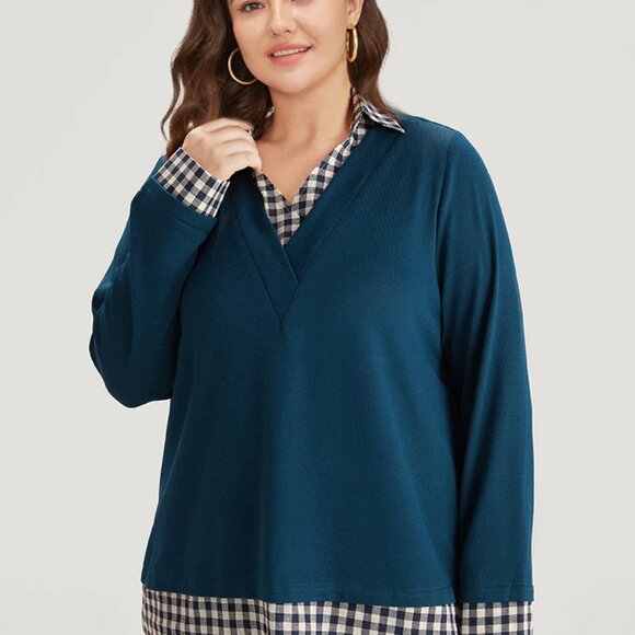 BloomChic NWT “TERRI” size 1x 14 16 teal and navy white check shirt. - Picture 1 of 12
